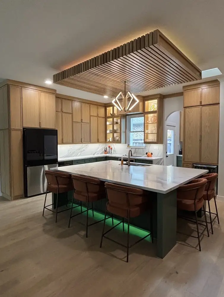 Kitchen with custom wood ceiling feature